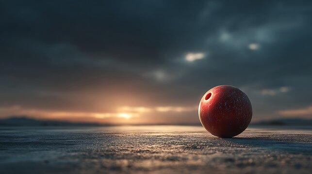Red textured sphere with a hole rests on a reflective surface with a dramatic sunset sky backgroun