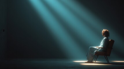 Fototapeta premium Woman in medical gown sitting in chair under dramatic light beams in dark room. receiving IV thera