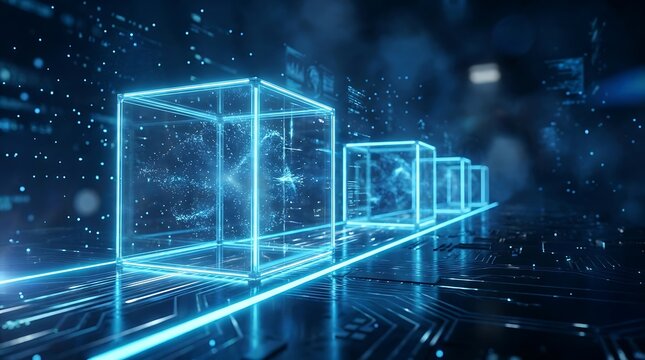 Konsep Futuristik Data dan Informasi Digital, Kotak Neon Biru Bersinar di Jalur Sirkuit Elektronik