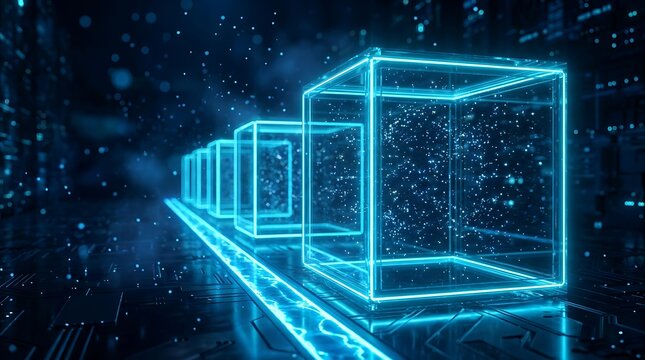 Visualisasi Konsep Data Digital dan Jaringan Komputer dengan Kotak Neon Futuristik