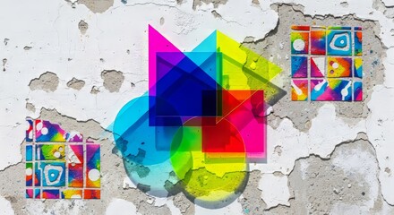 Fototapeta premium Vivid translucent acrylic geometric shapes overlap against a gritty weathered concrete wall with peeling paint and spray art textures, surface, vivid, edgy