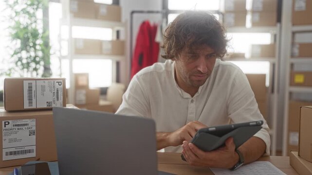 Man taps tablet among stacked shipping boxes and open laptop on packing table in a storage building; focused determination.