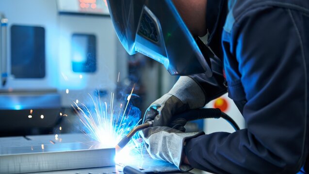 Dynamic close-up of a welder in blue coverall and dark helmet MIG welding a steel plate with a vivid blue arc and sparks flying toward the camera in a blue-lit factory environment.