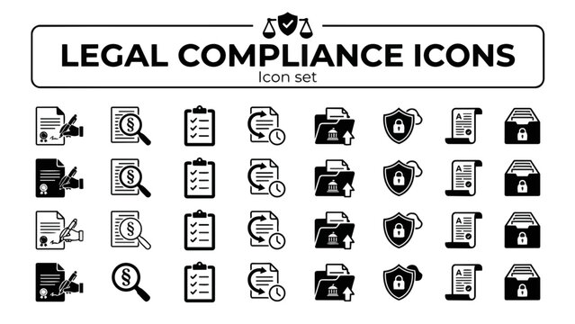 Legal Compliance Icon Set Contract Signing Legal Clause Compliance Checklist Audit Trail Regulatory Filing Data Privacy Shield Terms of Service Legal Hold Vector Illustration