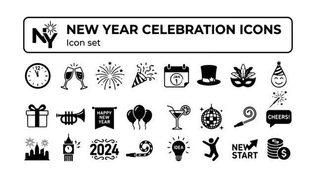 New Year Winter Celebration Icon Set Countdown Clock Champagne Toast Fireworks Burst Party Popper Confetti Midnight Ball Drop Resolution Badge Sparkler Q4 Seasonal Vector