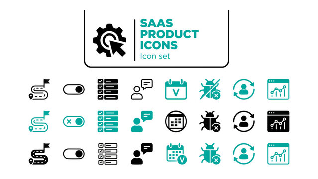 SaaS Product Management Icon Set Product Roadmap Feature Flag Sprint Backlog User Story Release Version Bug Tracker Customer Feedback Loop Product Analytics Dashboard Vector
