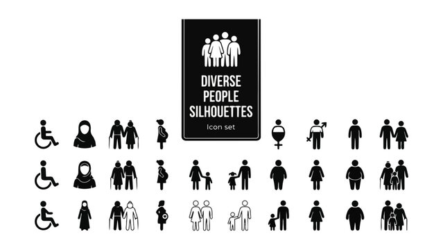 Diverse People Lifestyle Silhouette Icon Set Wheelchair User Hijab Woman Elderly Couple Pregnant Woman Child Parent Non-Binary Plus-Size Diverse Family Group Vector Illustration