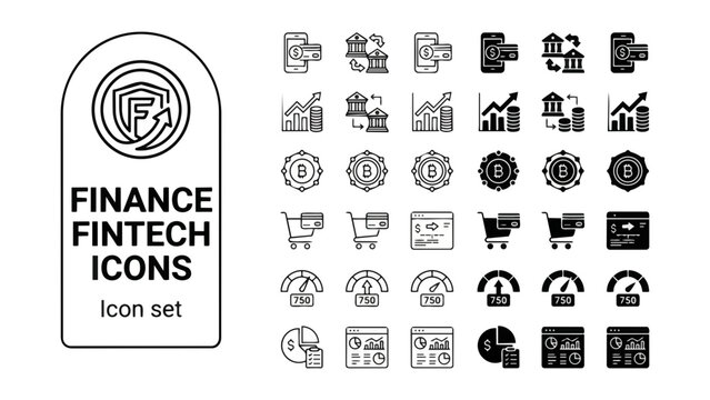 Finance FinTech Icon Set Digital Wallet Bank Transfer Investment Portfolio Crypto Token Payment Gateway Credit Score Budget Tracker Financial Dashboard Vector Illustration