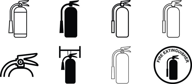 Professional vector fire safety icon collection featuring six black silhouette and outline fire extinguisher styles: tall canister, solid cylinder, detailed nozzle unit