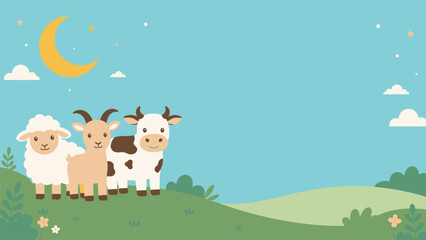Fototapeta premium Cute farm animals including a sheep a goat and a cow standing in a green field
