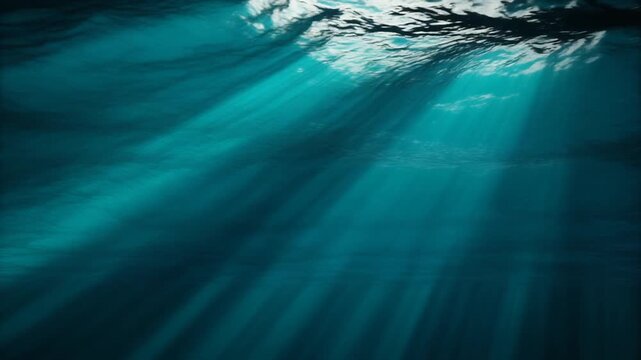 Cinematic Abstract Slow Drift Through Deep Blue Underwater Currents Light Shafts Filtering Down