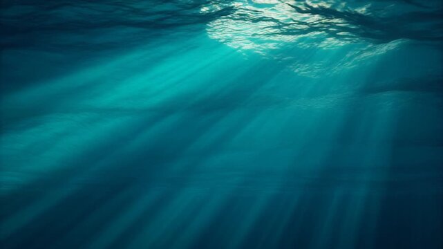 Cinematic Abstract Slow Drift Through Deep Blue Underwater Currents Light Shafts Filtering Down