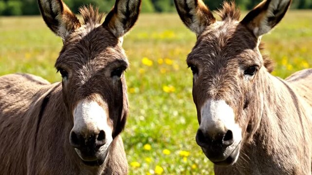 Close-up of two adorable donkeys with brown fur standing in a field of green grass and yellow wildflowers, looking directly at the camera.