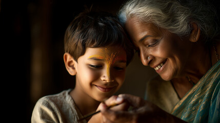 Fototapeta premium Heartfelt 4K close-up of traditional Holi tilak ritual in Indian home. 