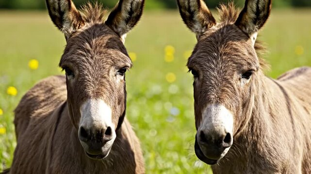 Two adorable brown donkeys facing the camera with expressive eyes and a green grassy background.
