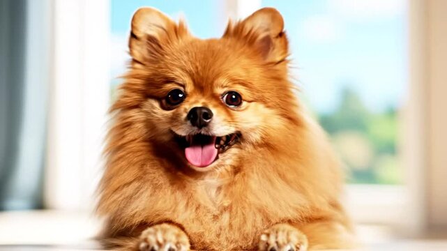 Cute Pomeranian dog with fluffy orange fur panting happily while looking directly at the camera in a room near a window