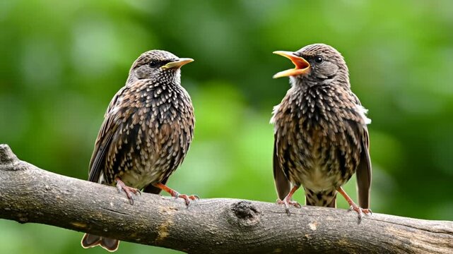 Two juvenile starlings perched on a tree branch, one singing with its beak open in a natural setting, bright green background