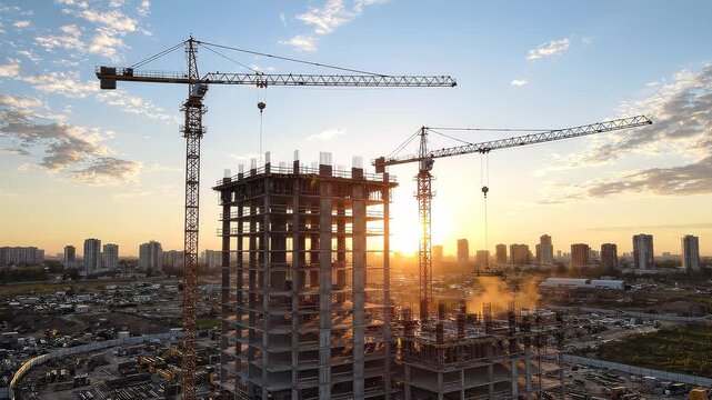 Construction site with cranes and building framework at sunset in cityscape