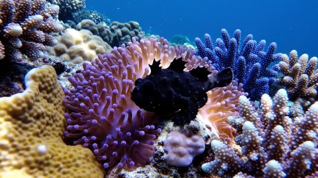 Black frogfish camouflaged in a colorful anemone on a vibrant coral reef in the ocean water