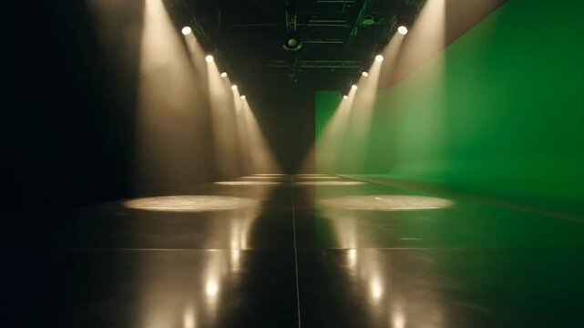 The theatrical studio scene features a green chromakey wall with beams of light shining down from the ceiling creating a cinematic ambiance.