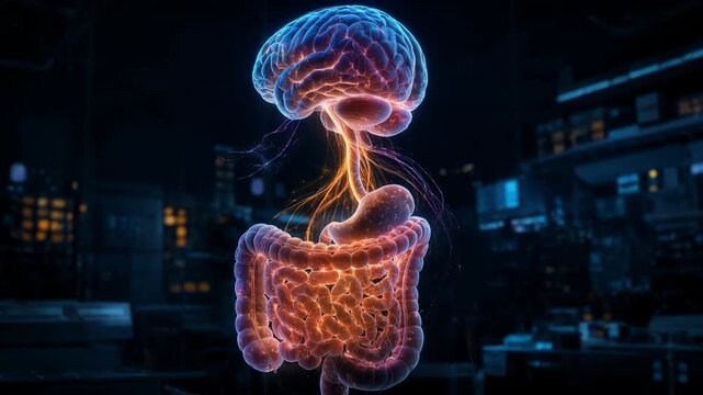 Holographic Medical Illustration of Brain Gut Axis Exploring Neural Connections in Anatomy and Science of Vital Organs