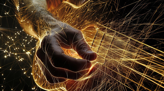 A closeup of a hand playing a guitar the strings appearing as jagged lines that intersect and create a tangled web of movement. The image captures the dynamic nature of music