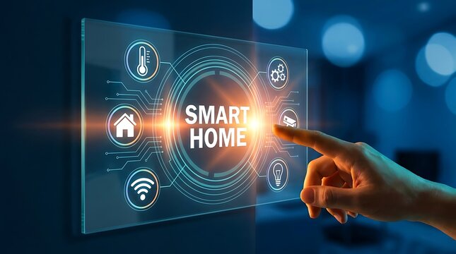 Pengguna menyentuh layar antarmuka 'Smart Home' dengan berbagai ikon kontrol dan notifikasi otomatis terkoneksi.