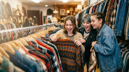 Obraz premium Three excited young women browsing clothes at a vintage store