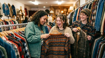 Obraz premium Three young friends laughing while shopping for vintage clothes in a thrift store
