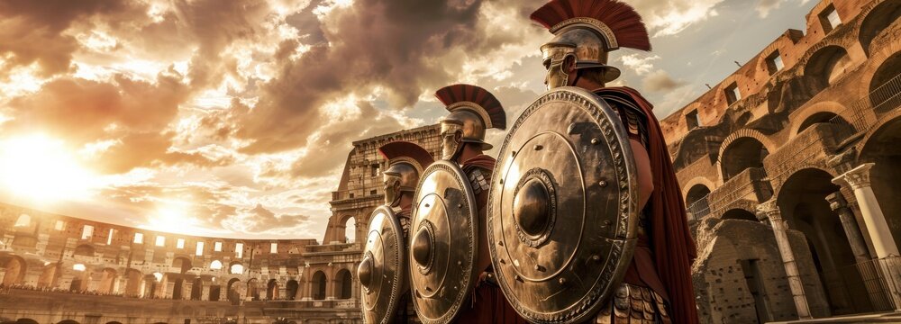 Roman Gladiators at the Colosseum: Three Roman gladiators stand ready for battle in front of the ancient Colosseum, bathed in the dramatic light of a setting sun.