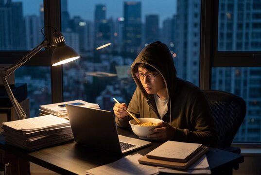 Young Asian Man in Hoodie Working Late at Night on Laptop Eating Noodles with City Skyline View Hustle Culture and Overwork Concept