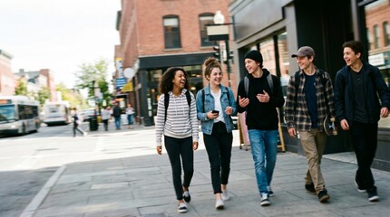 Obraz premium Diverse group of young friends laughing and walking down a city street