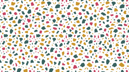 Fototapeta premium Seamless terrazzo pattern with teal, mustard yellow, and magenta stone fragments on a white background