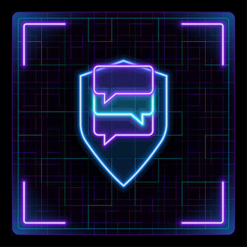 Web chat security concept symbol, shield and speech ballons illustration. Glowing neon icon with border grid vector, editable strokes graphic style.