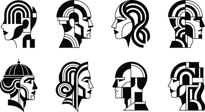 Set of eight geometric human head profiles with abstract linear and segmented patterns on a white background