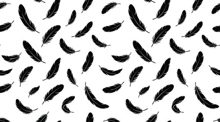 Seamless pattern with black bird feathers silhouettes scattered on a white background, for textile and stationery © MD
