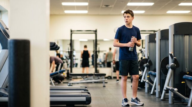 Teenage boy in gym holding water bottle