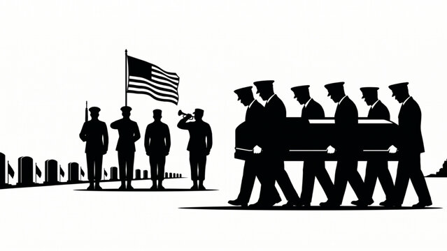 Military funeral procession silhouette with pallbearers carrying casket and american flag