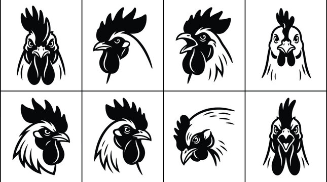 Set of eight black and white rooster head featuring various expressions and angles for farm and poultry branding
