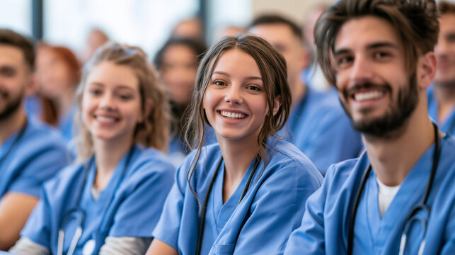 Group of smiling diverse medical interns in blue scrubs sitting at a lecture. Medical staff education, certification and nursing student workshops concept