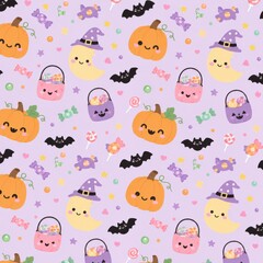 Fototapeta premium Cute smiling pumpkin and bat Halloween pattern on pink background with stars and flowers