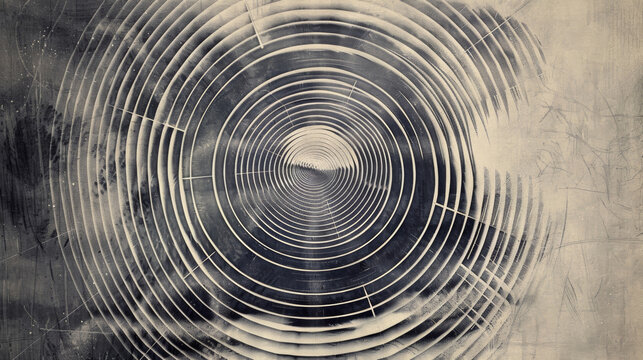 A series of concentric circles each one filled with an intricate maze of lines and shapes. The circles seem to radiate from a central point capturing the fluid nature of a