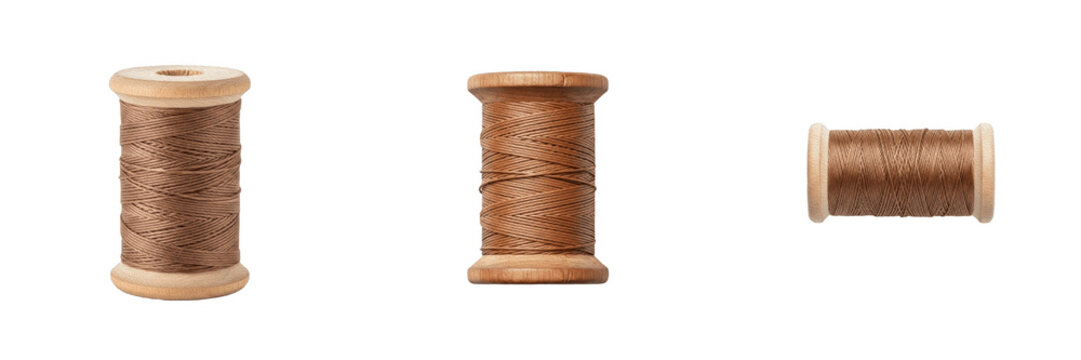 Brown Sewing Thread Spool PNG Set, Isolated Vintage Wooden Bobbins, Crafting and Tailoring Supplies, Realistic Textile Thread Reels, Needlework Accessories, Transparent Background, Sewing Project Elem