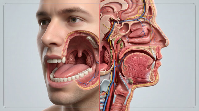Detailed medical illustration showcasing the intricate human head anatomy, featuring the oral cavity, pharynx, and brain in a sagittal cross-section