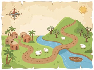Naklejka premium Children’s Bible map style illustration with a winding road, river, sheep, olive trees, village houses, boat, compass and sun on an antique parchment background.