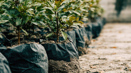 Fototapeta premium Mangrove tree seedling in row nursery with one imperfect seedling and brown spot leaf, soft overcast morning light, blurred background and large copy space