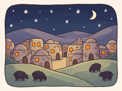Children&rsquo;s Bible style night illustration of a peaceful ancient village with domed houses, glowing windows, sheep on rolling hills, crescent moon and stars, suitable for Sunday school, Christmas or na