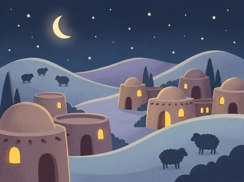 Children&rsquo;s Bible style night illustration of a peaceful ancient village with domed houses, glowing windows, sheep on rolling hills, crescent moon and stars, suitable for Sunday school, Christmas or na