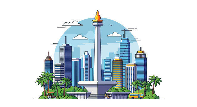 Monas Landmark Jakarta Skyline Tropical Cityscape Flat Illustration
