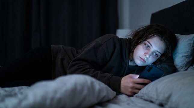 Teenage girl in bed at night looking at her phone, with dark circles under her eyes